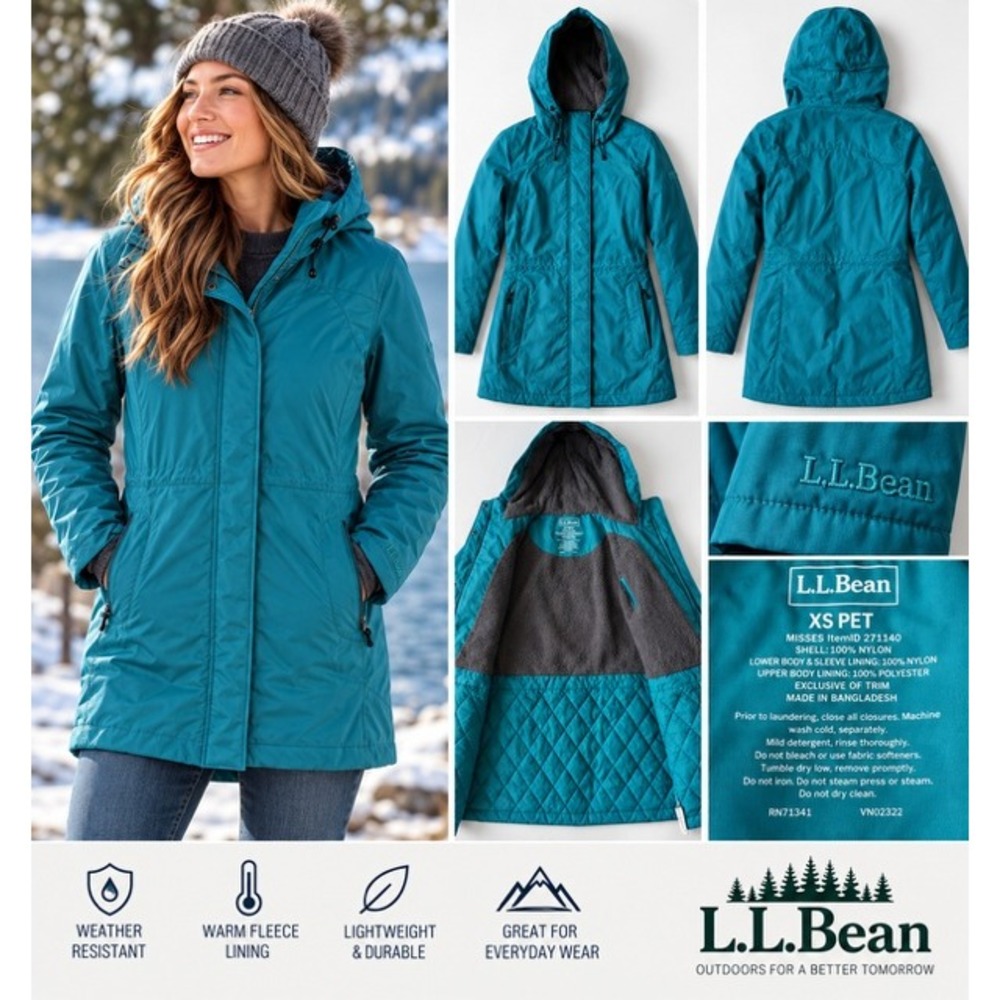 LL Bean Womens Teal Blue Hooded Fleece Lined Parka Jacket XS Petite 271140